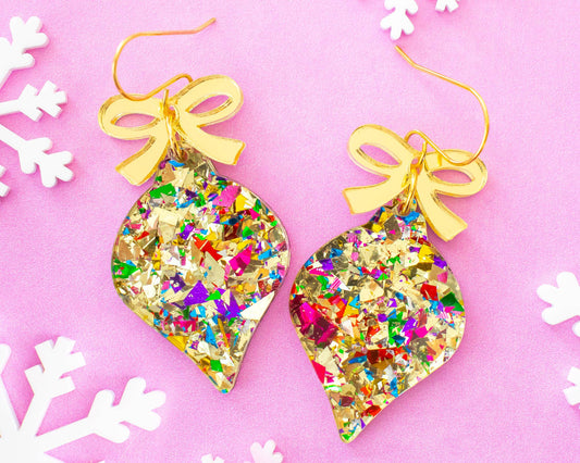 Gold Glitter Holiday Bulb Dangle Earring