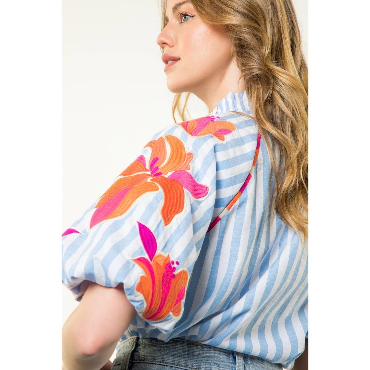 Embroidered Puff Sleeve Striped Top