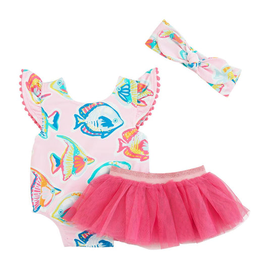 Pink Fish/Stripe Reversible Swimsuit & Tutu Set