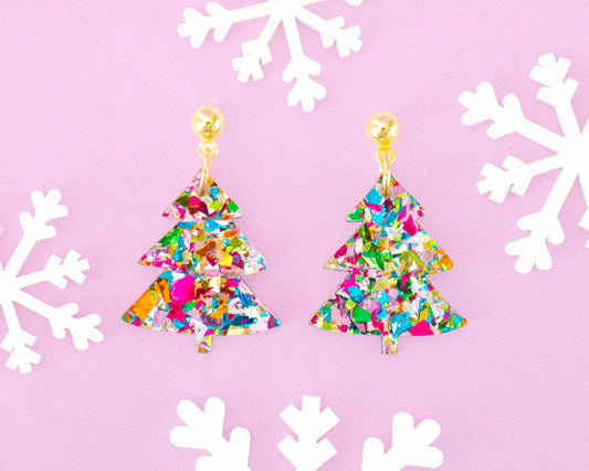 Christmas Tree Multi Glitter Holiday Earring