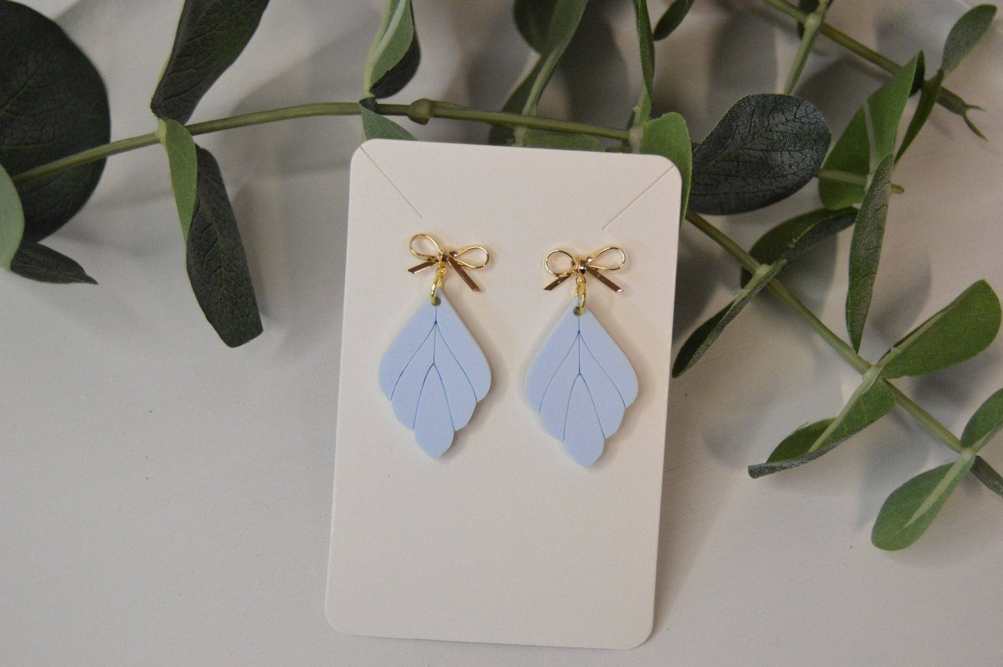 Blue Leaf Earrings with Gold Bow