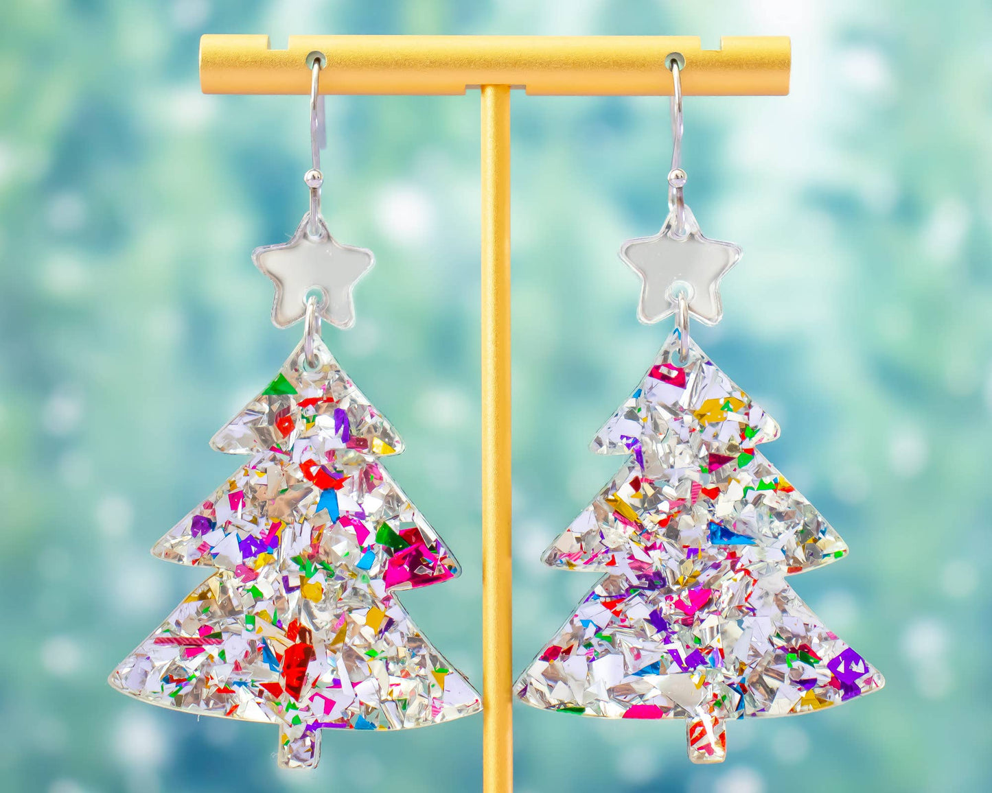 Christmas Tree Silver Glitter Holiday Earrings