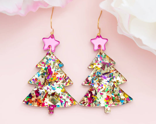 Christmas Tree Gold Glitter Holiday Acrylic Earrings