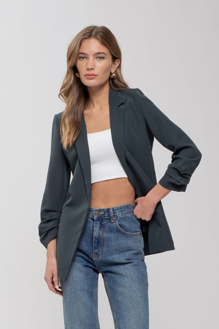 Solid Ruched Sleeve Blazer