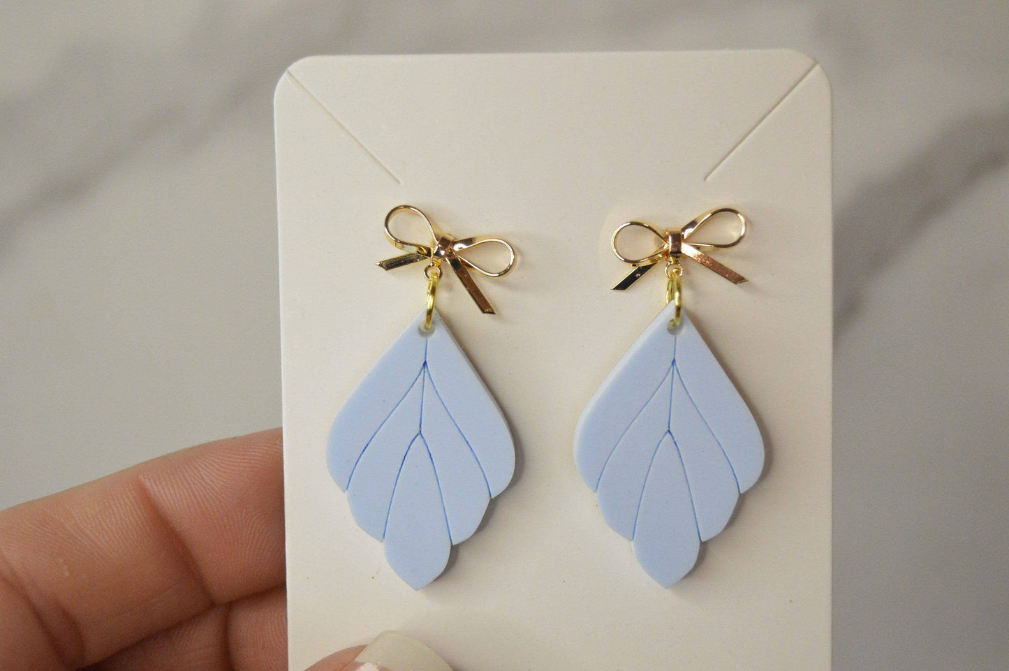 Blue Leaf Earrings with Gold Bow