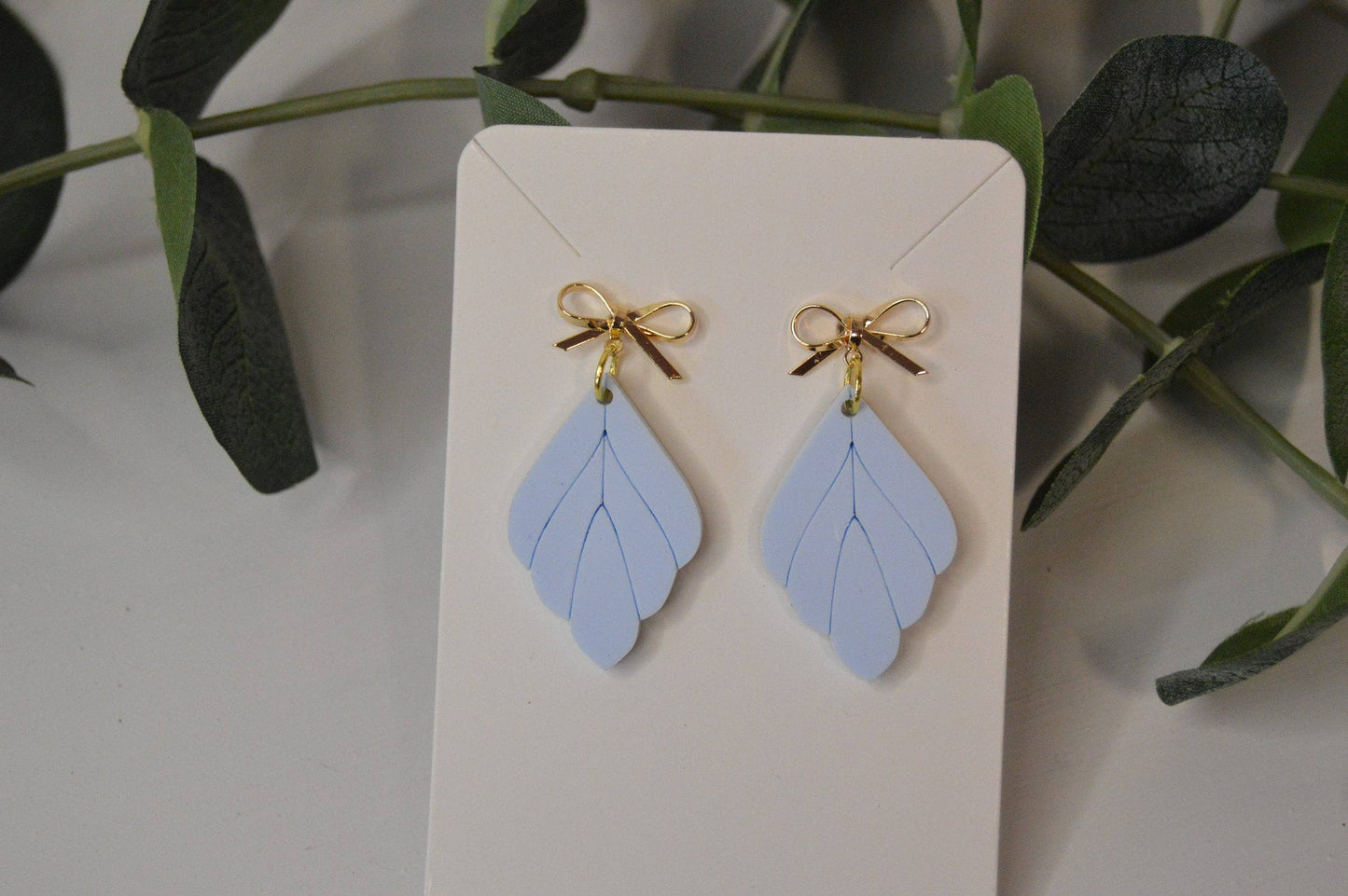 Blue Leaf Earrings with Gold Bow