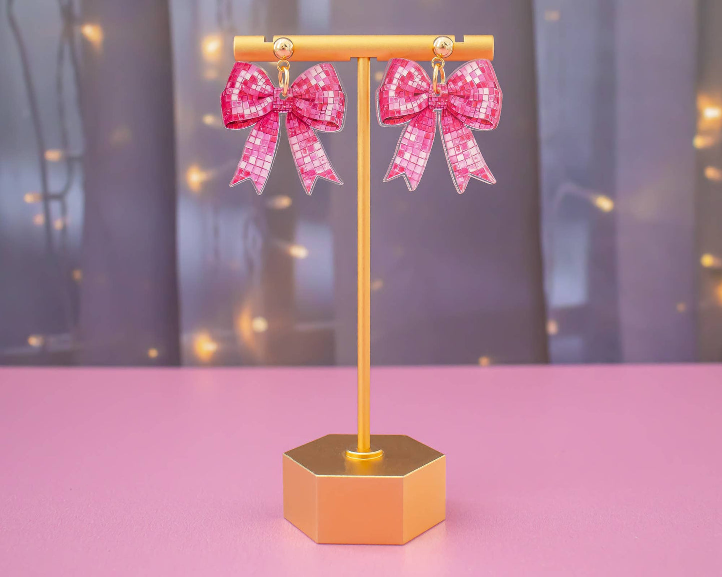 Pink Disco Ball Bow Earrings