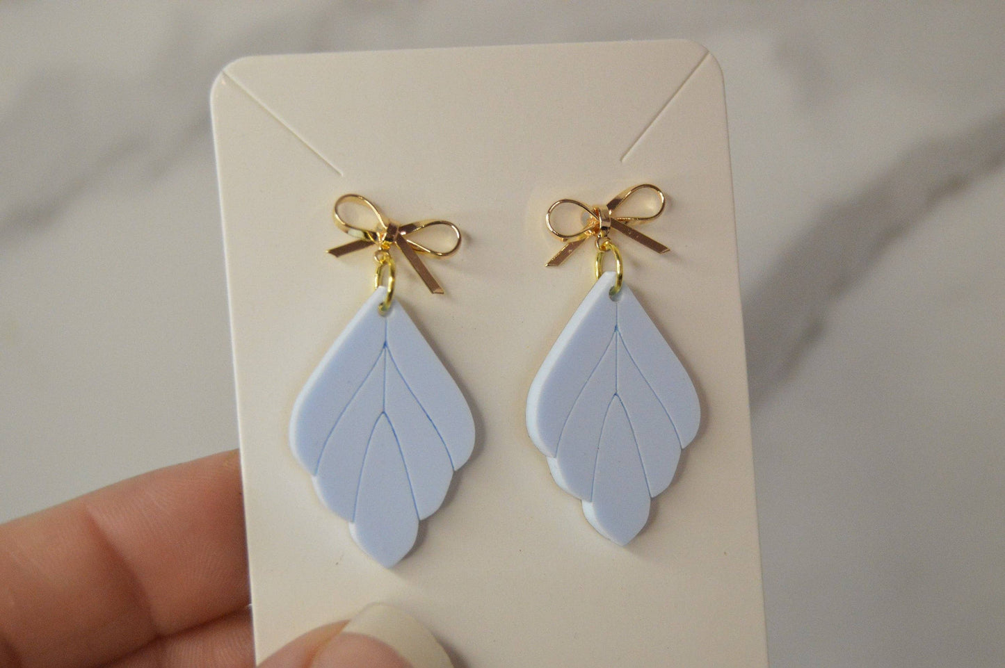 Blue Leaf Earrings with Gold Bow