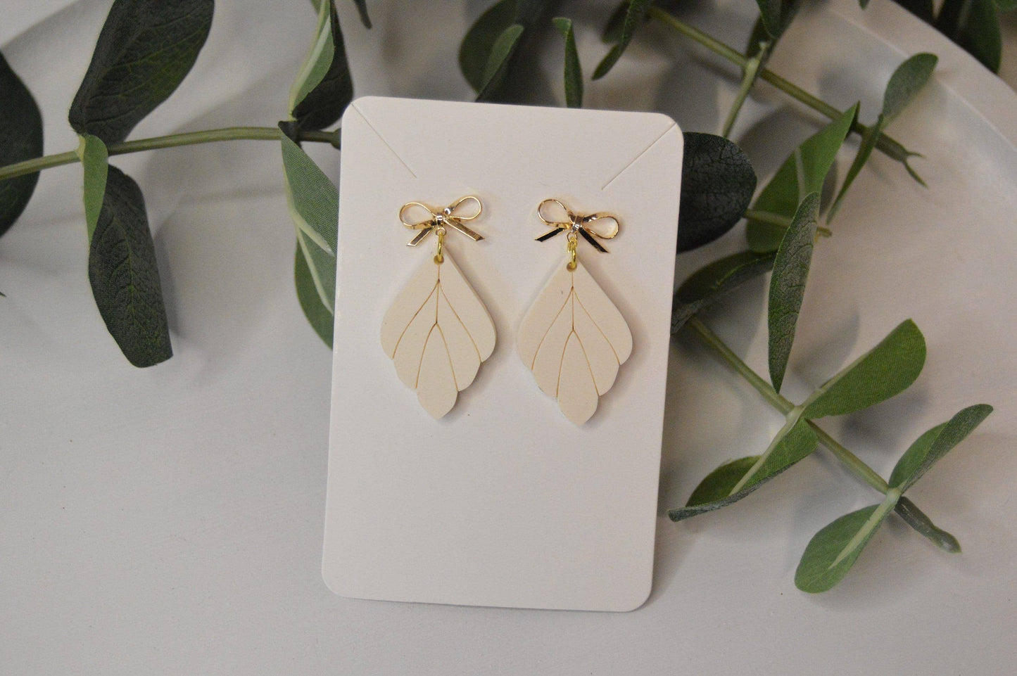 Drop Leaf Earrings With Gold Bow