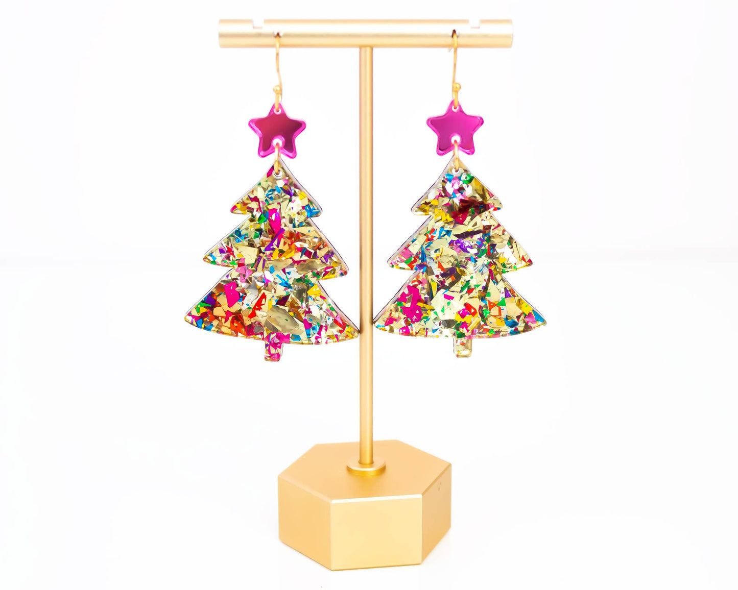 Christmas Tree Gold Glitter Holiday Acrylic Earrings