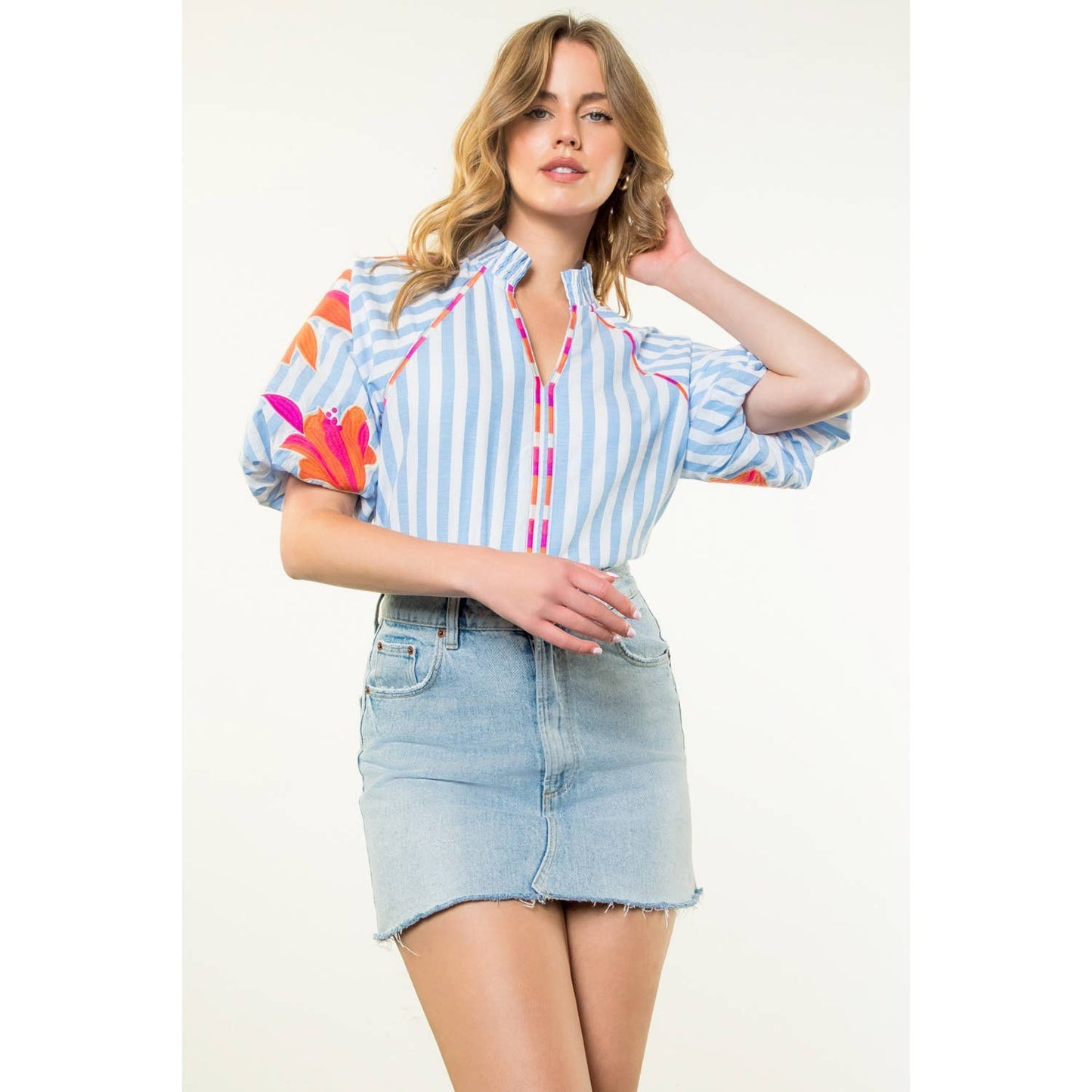 Embroidered Puff Sleeve Striped Top