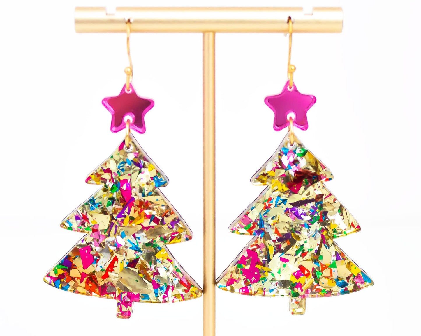 Christmas Tree Gold Glitter Holiday Acrylic Earrings