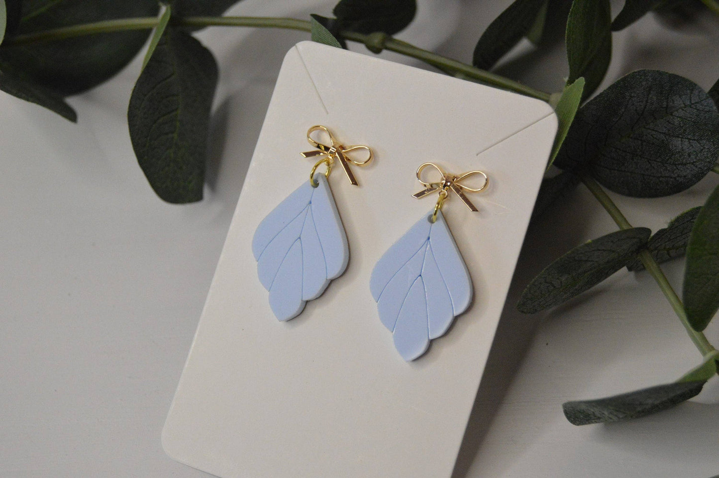 Blue Leaf Earrings with Gold Bow