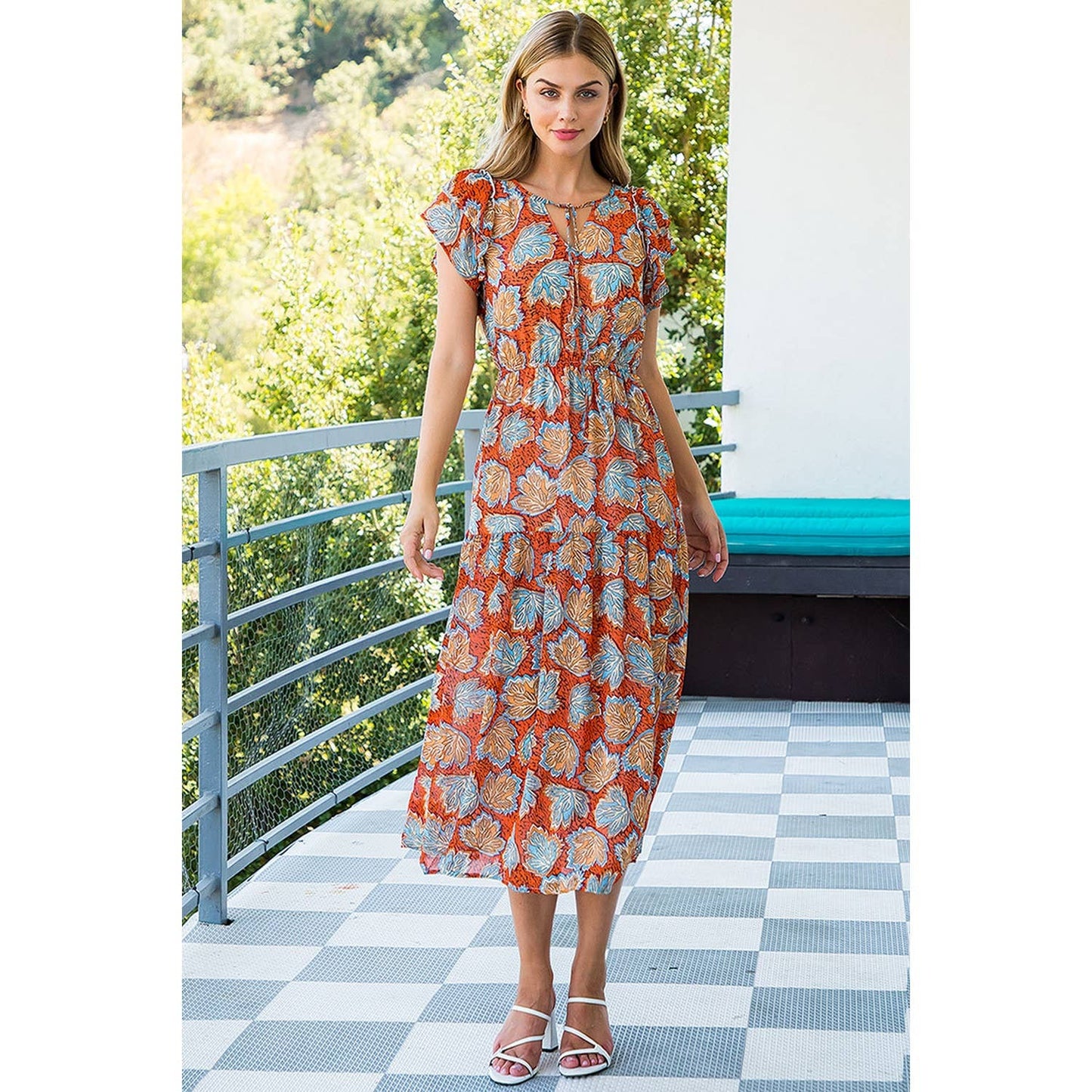 Leaf Print Flutter Sleeve Midi Dress