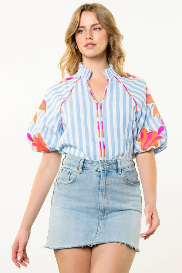 Embroidered Puff Sleeve Striped Top