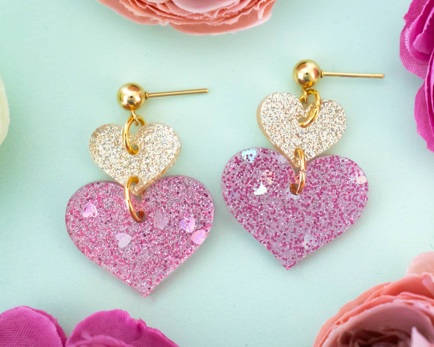 Heart Glitter Stacked Earrings