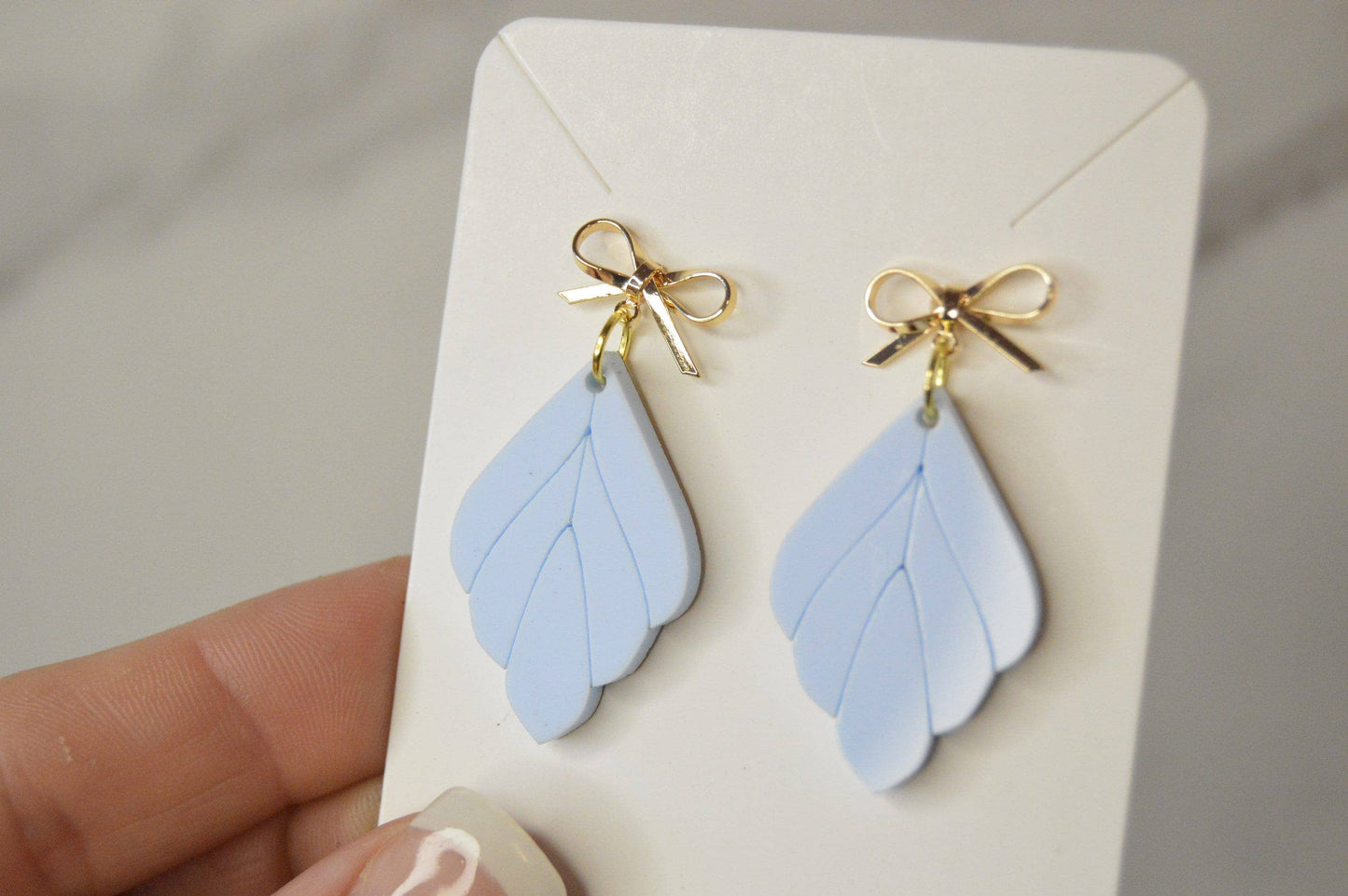 Blue Leaf Earrings with Gold Bow