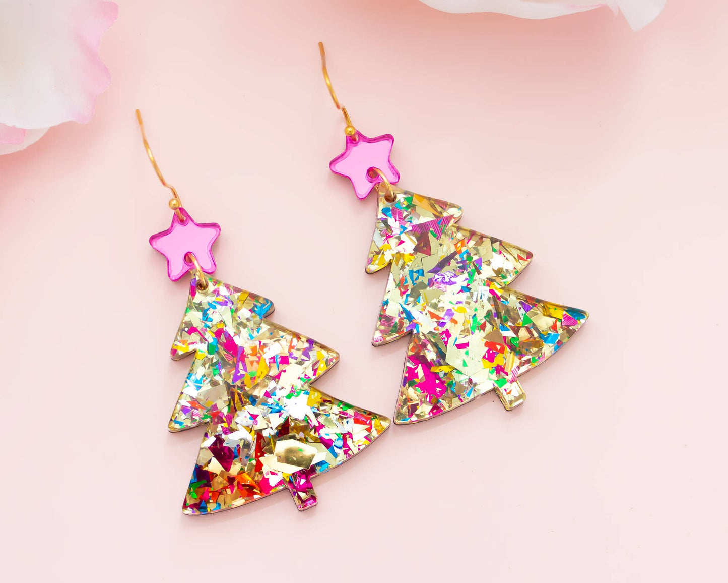 Christmas Tree Gold Glitter Holiday Acrylic Earrings