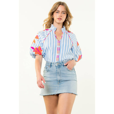 Embroidered Puff Sleeve Striped Top