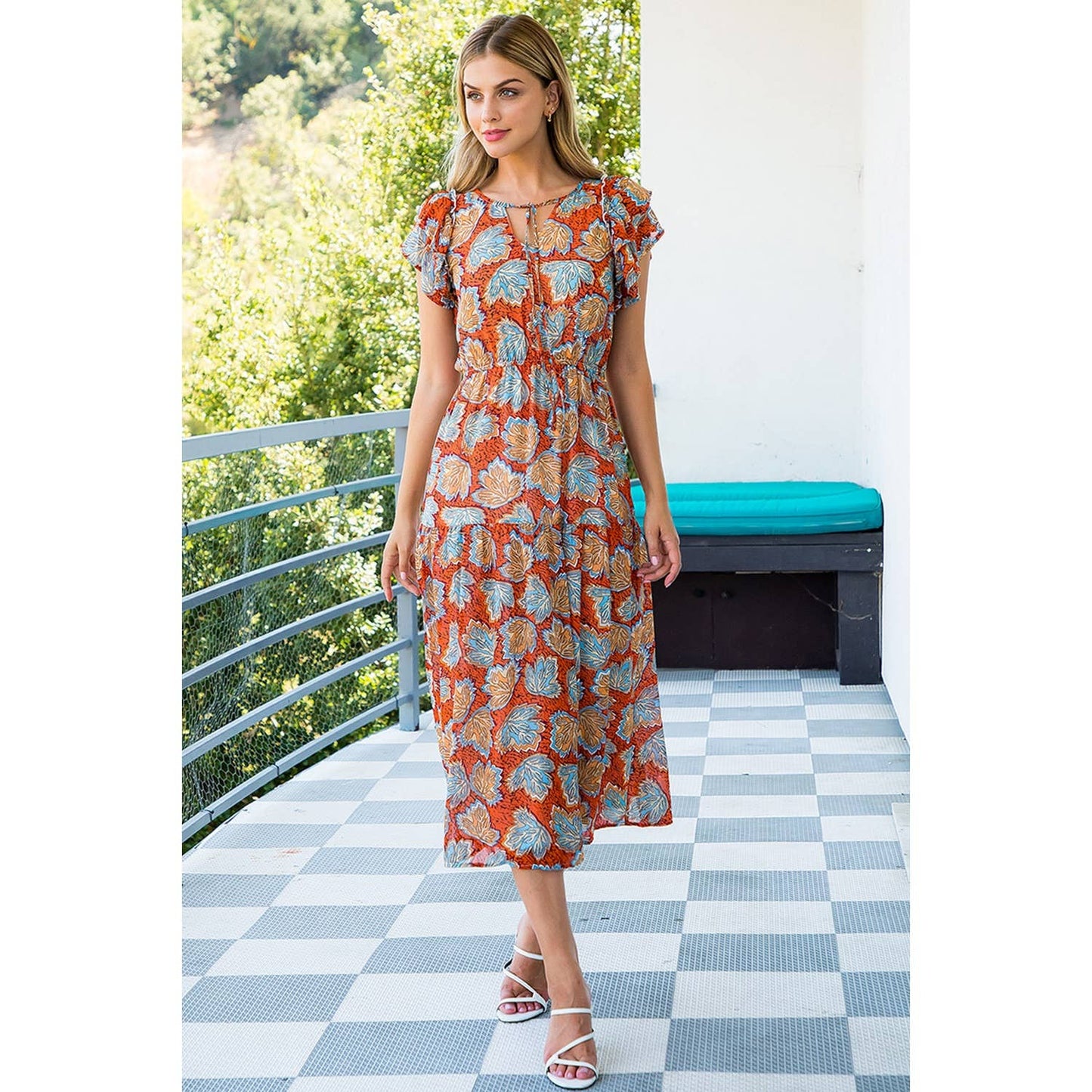 Leaf Print Flutter Sleeve Midi Dress