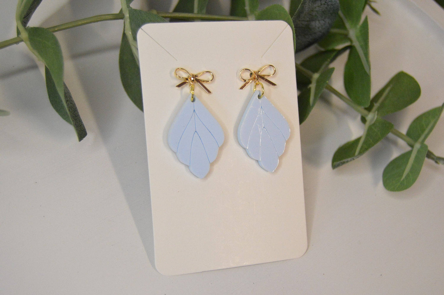 Blue Leaf Earrings with Gold Bow