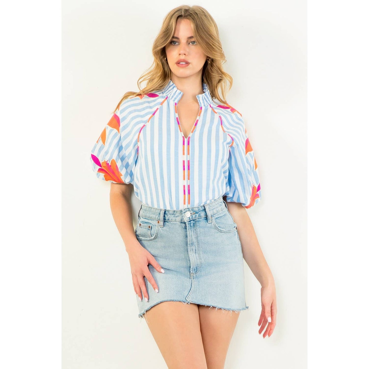 Embroidered Puff Sleeve Striped Top