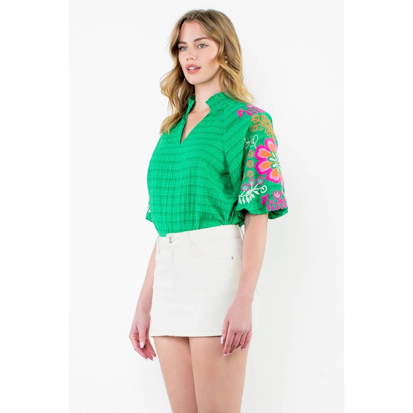 Embroidered Puff Sleeve V-Neck Top