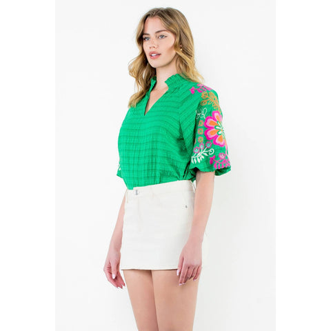 Embroidered Puff Sleeve V-Neck Top