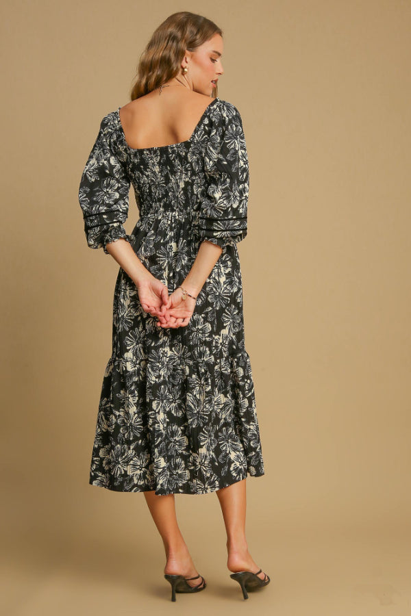 Two Tone Vintage Floral Midi Dress