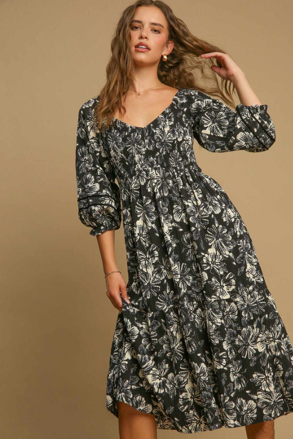 Two Tone Vintage Floral Midi Dress