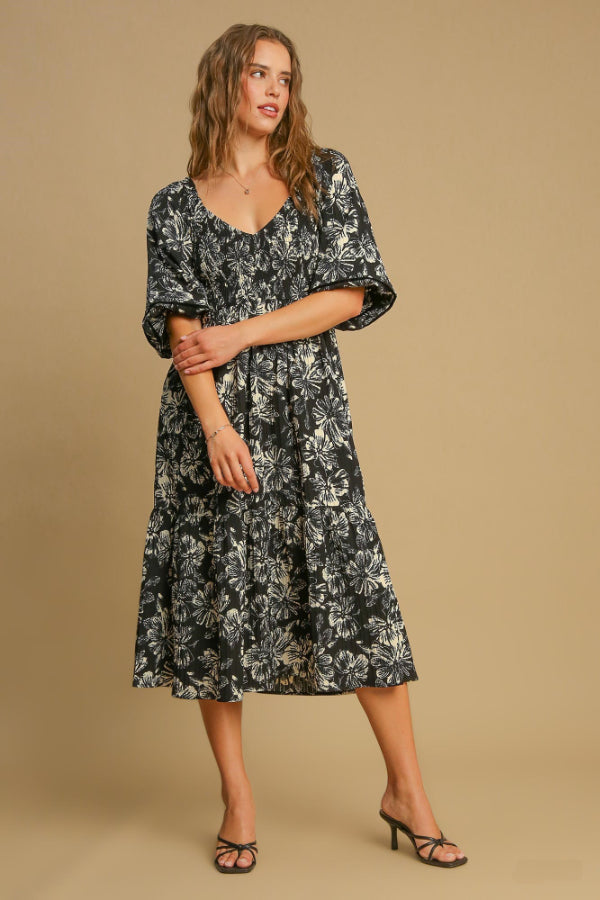 Two Tone Vintage Floral Midi Dress