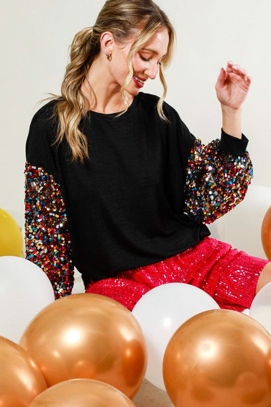 COLOR SEQUIN BALLOON SLEEVES TOP