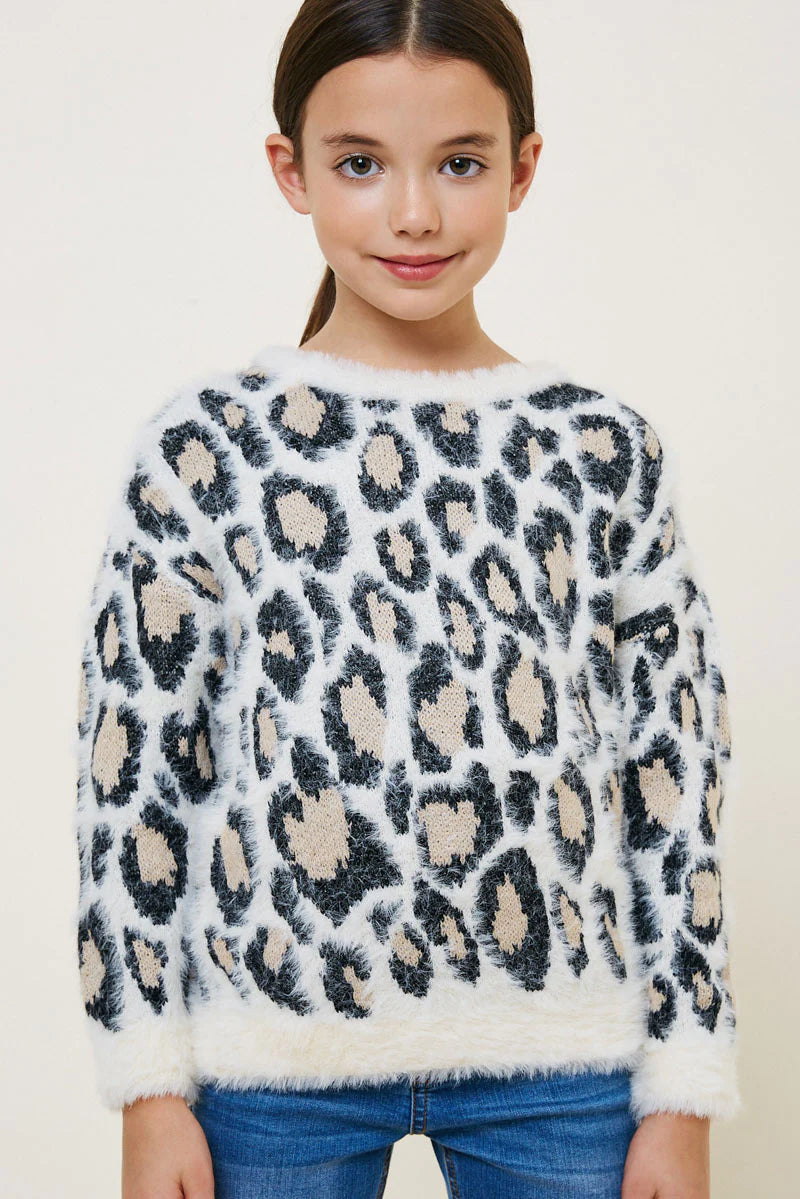 Girls Leopard Mohair Pullover Sweater