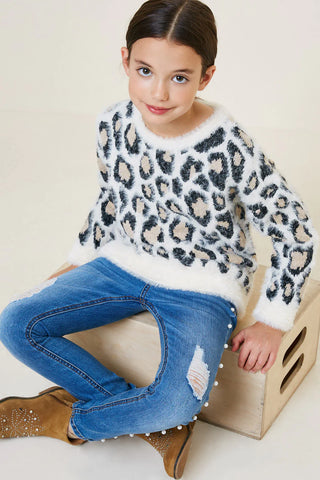 Girls Leopard Mohair Pullover Sweater