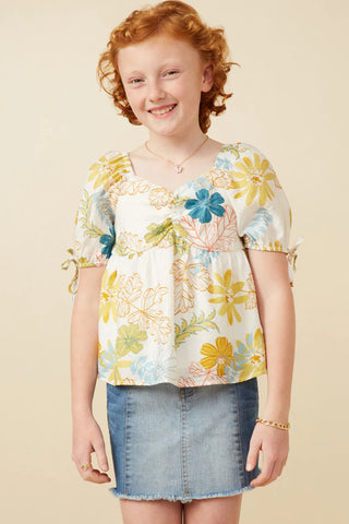 Girls Textured Botanical Print Shirred Front Top