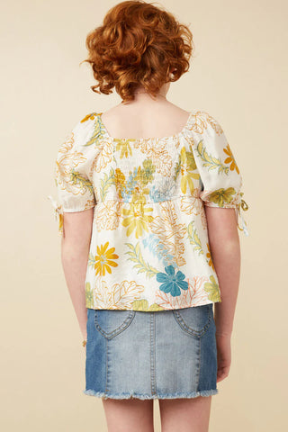 Girls Textured Botanical Print Shirred Front Top