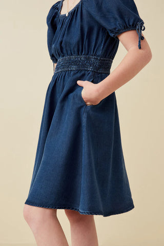 Girls Smocked Waist Tie Sleeve Denim Dress