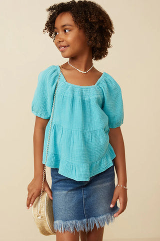 Girls Washed Smock Detail Puff Sleeve Gauze Top