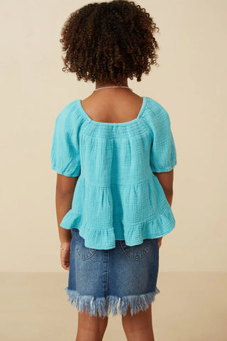 Girls Washed Smock Detail Puff Sleeve Gauze Top