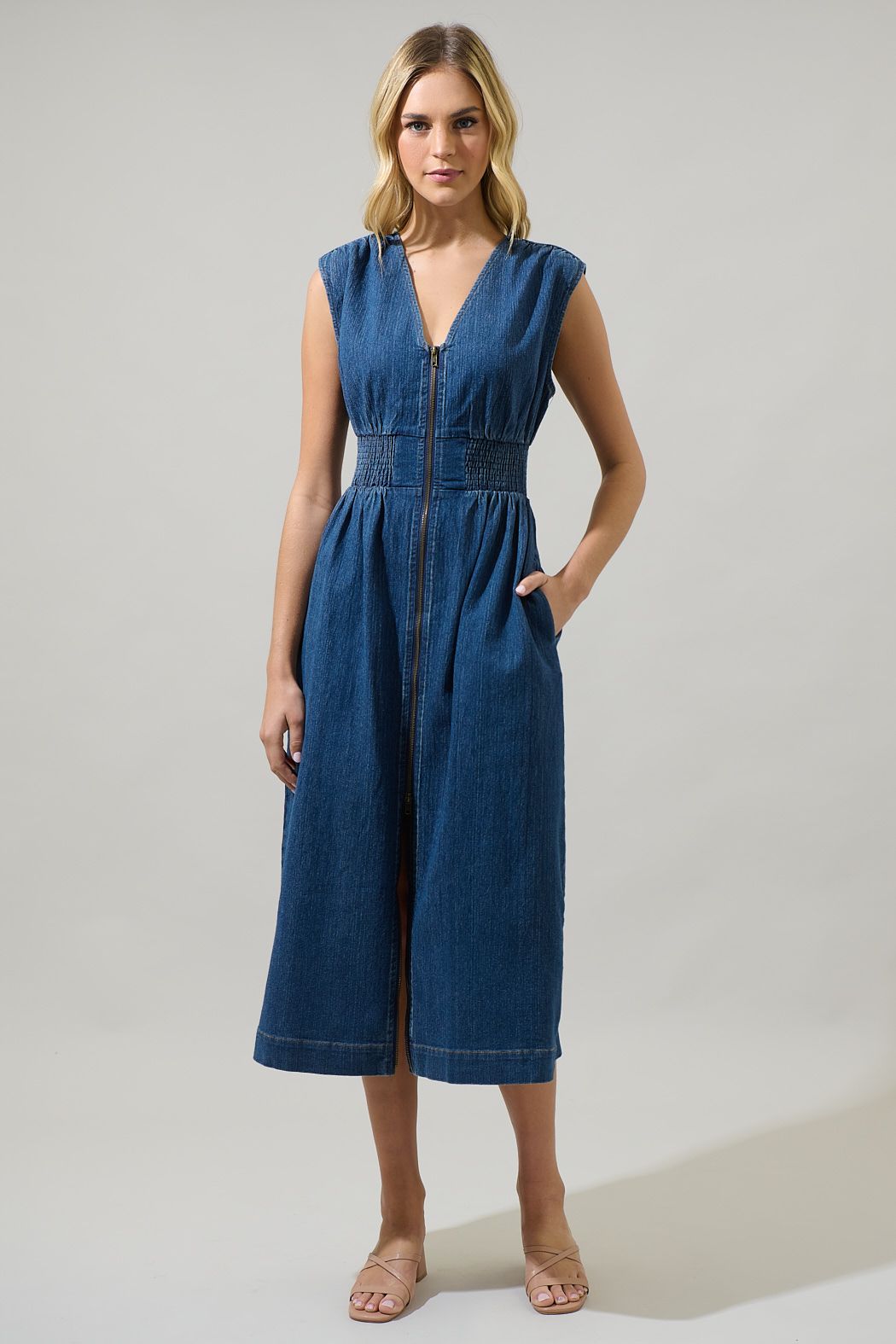 Gabriella Denim Lula Sleeveless Smocked Midi Dress