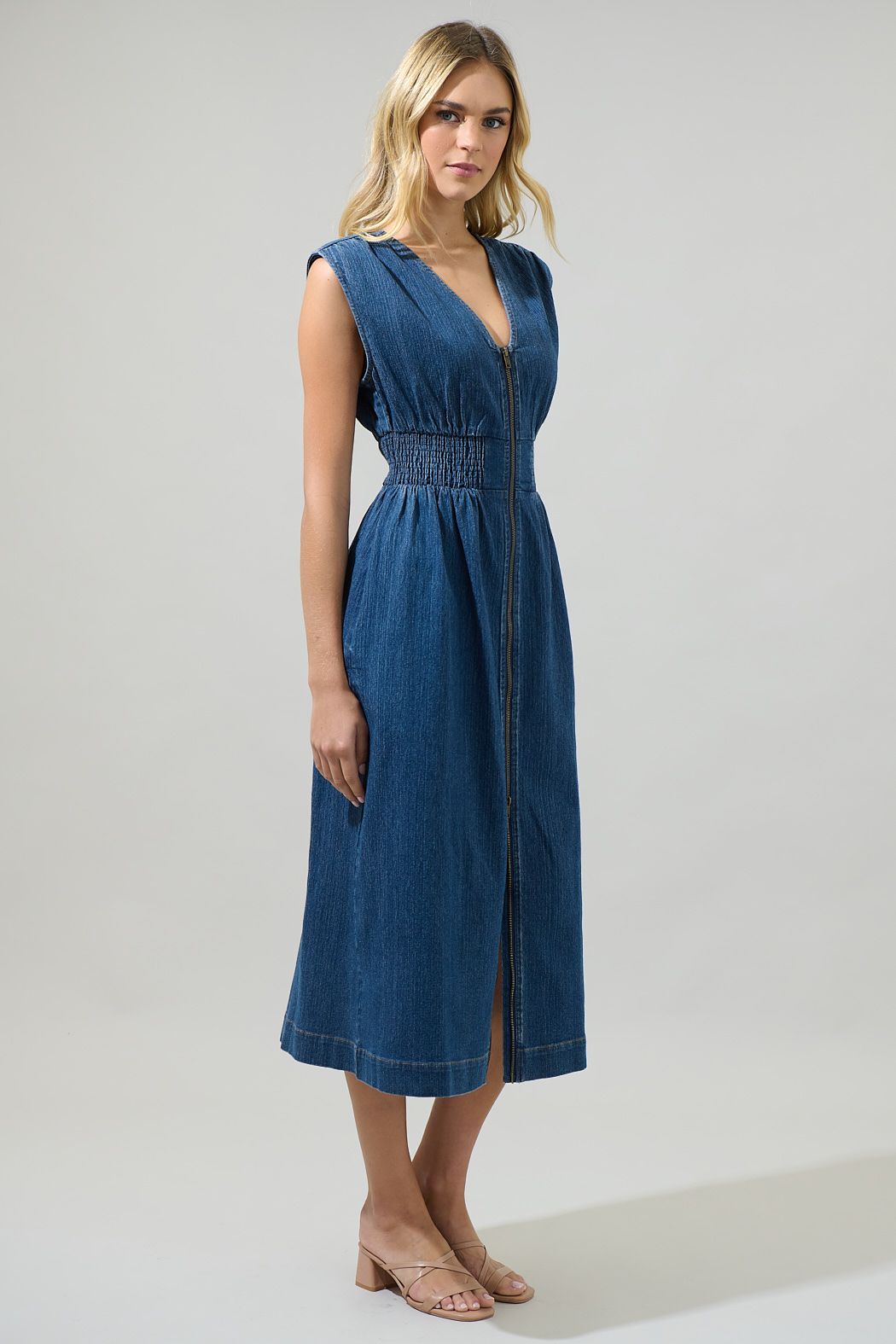 Gabriella Denim Lula Sleeveless Smocked Midi Dress