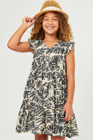 Girls Botanical Print Ruffle Sleeveless Dress