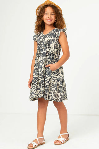 Girls Botanical Print Ruffle Sleeveless Dress