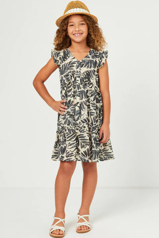 Girls Botanical Print Ruffle Sleeveless Dress