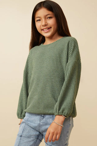 Girls Brushed Ribbed Puff Sleeve Knit Top