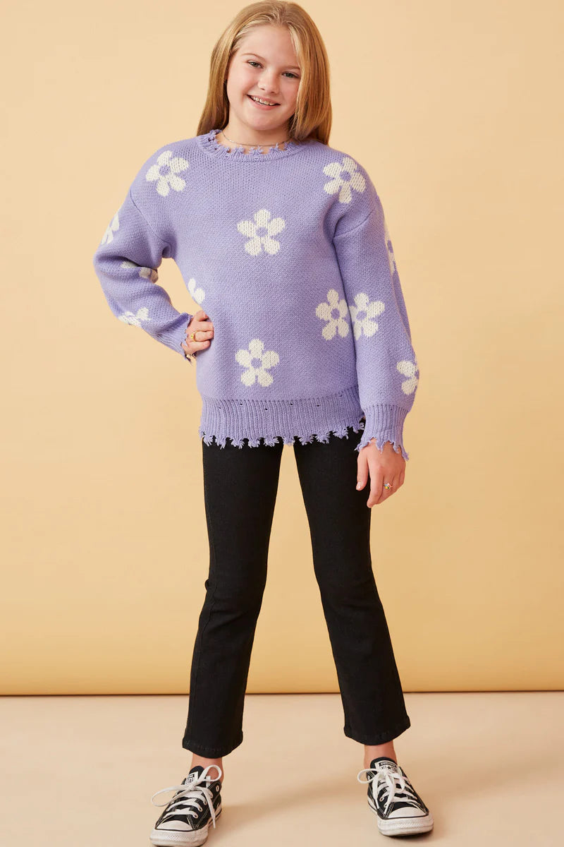 Girls Distressed Purple Flower Sweater