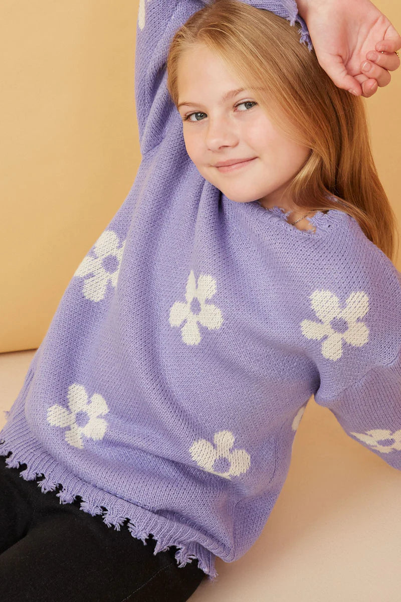 Girls Distressed Purple Flower Sweater