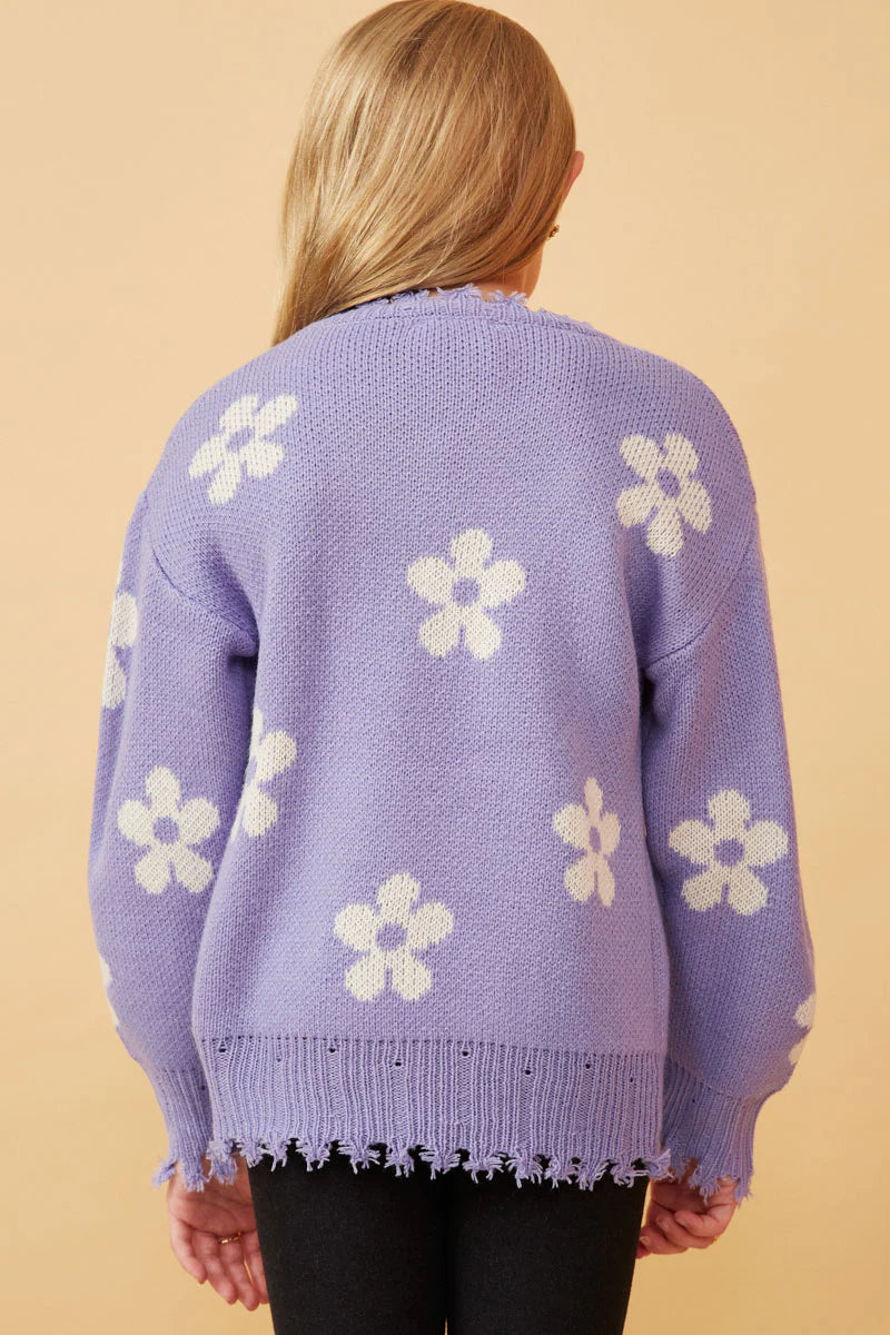 Girls Distressed Purple Flower Sweater