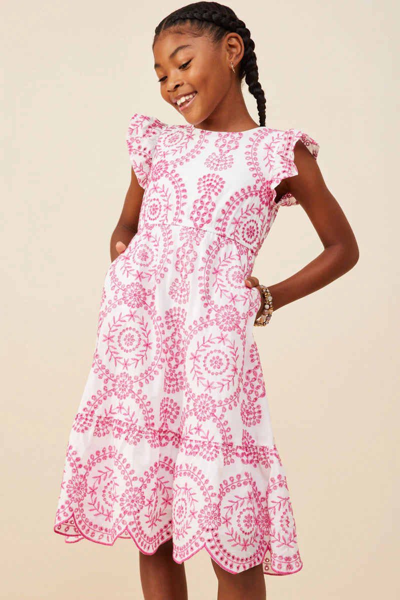 Girls Eyelet Embroidered Flutter Sleeve Scallop Hem Dress