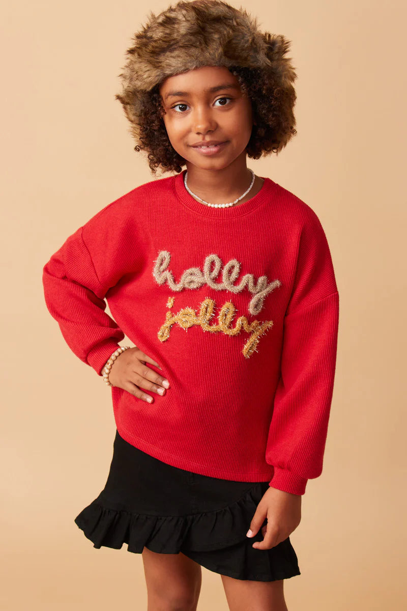 Girls Knit Tinsel Holly Jolly Ribbed Knit Top